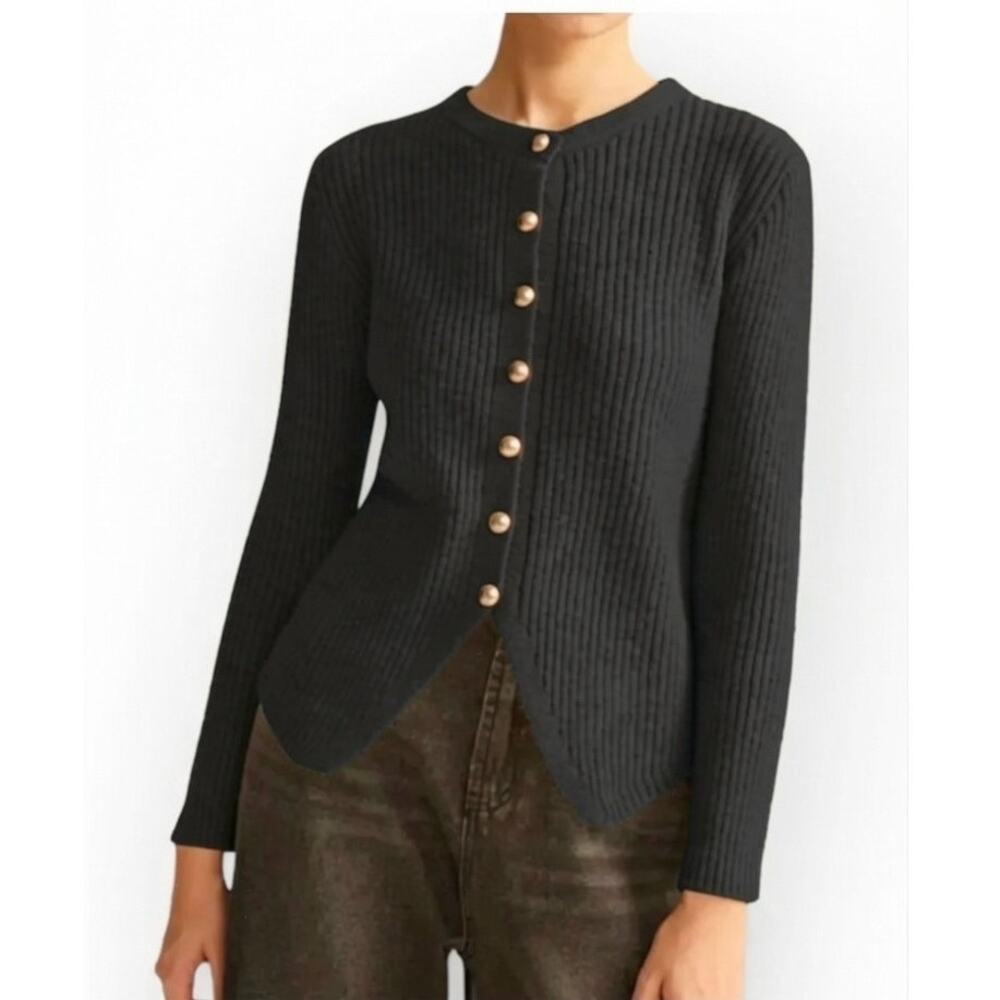Commense Ribbed Knit Gold Button Cardigan Sweater Black XL– Modern Elegant